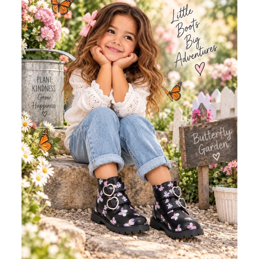CARTER'S Girls Butterfly Heart Buckle Combat Boots Black Size 5